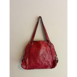 Vintage Red Leather‎ Shoulder Bag Brass Hardware Hobo Tote